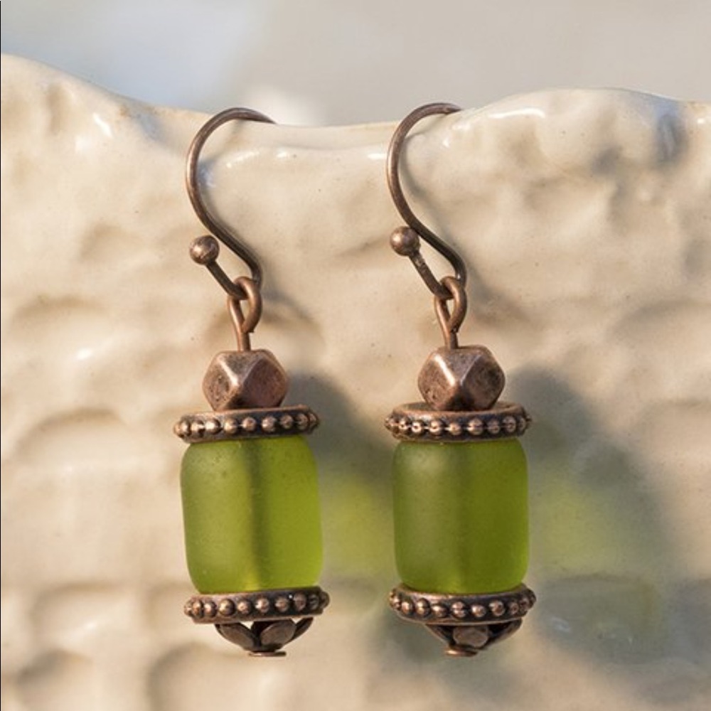 🌵Olive Sea Glass & Coppertone Drop Earrings New!